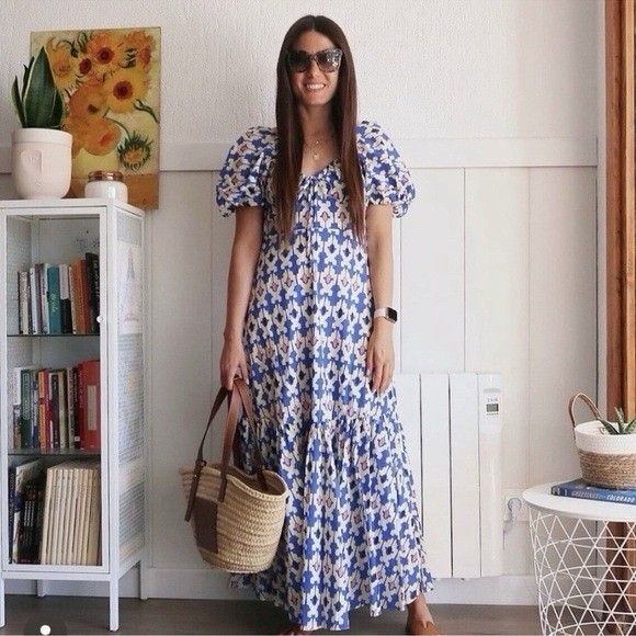 Zara Midi Maxi Dress Blue Ivory Pink Blogger Fave Women’s XL Puff Sleeve - Picture 15 of 15